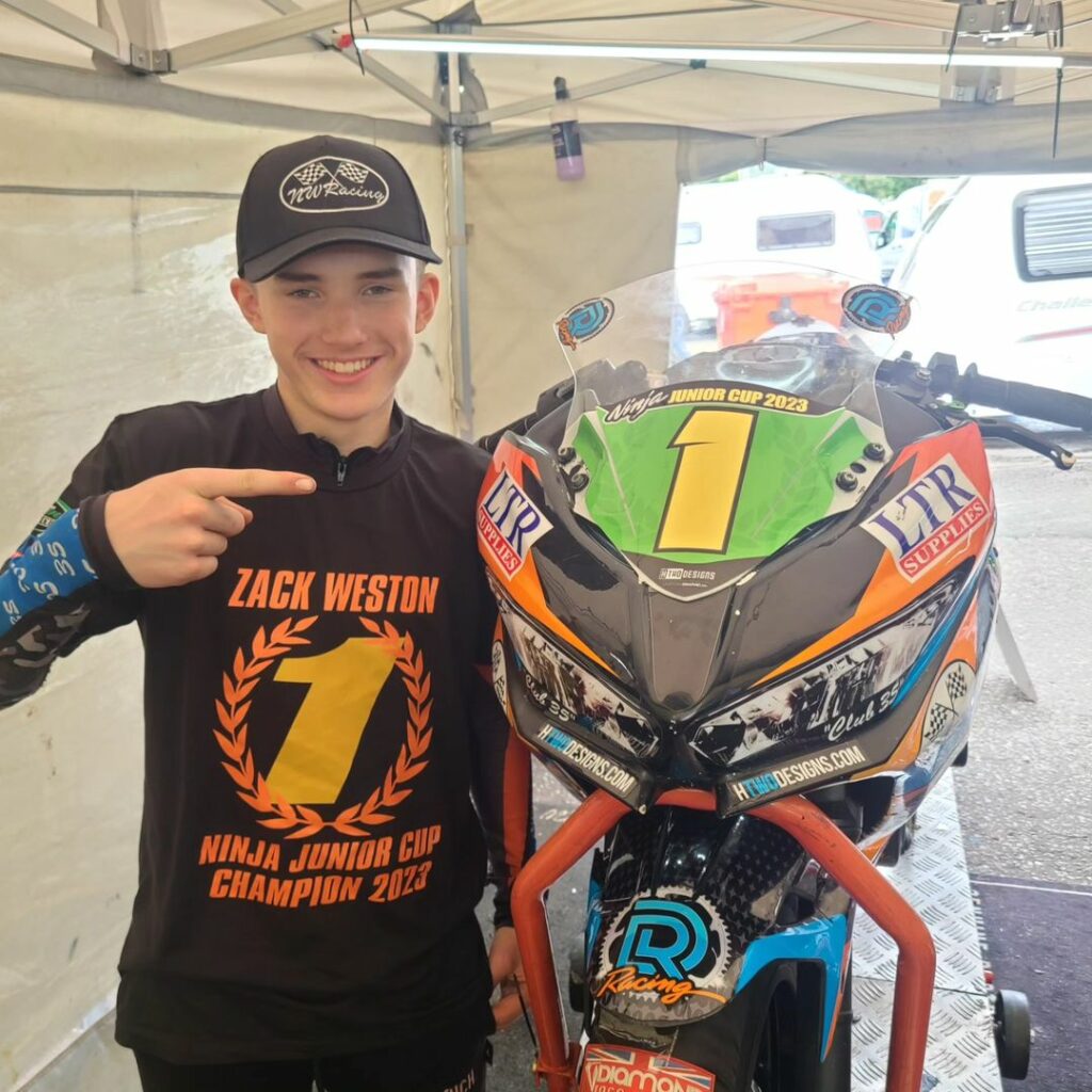 Sponsored rider Zack Weston winner of the Ninja Junior Cup 2023 with his racing bike